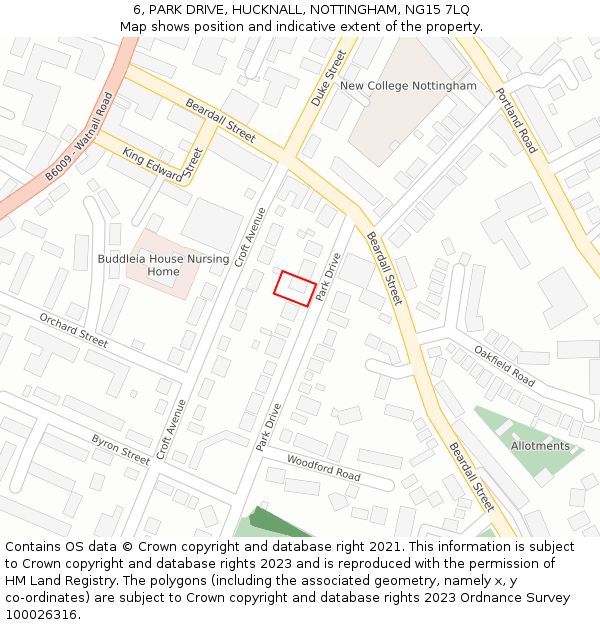 6, PARK DRIVE, HUCKNALL, NOTTINGHAM, NG15 7LQ: Location map and indicative extent of plot