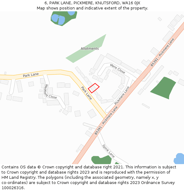 6, PARK LANE, PICKMERE, KNUTSFORD, WA16 0JX: Location map and indicative extent of plot
