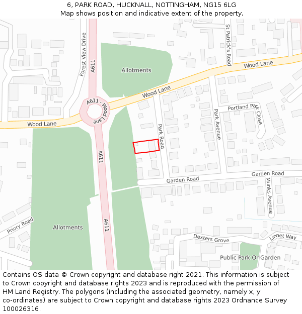 6, PARK ROAD, HUCKNALL, NOTTINGHAM, NG15 6LG: Location map and indicative extent of plot