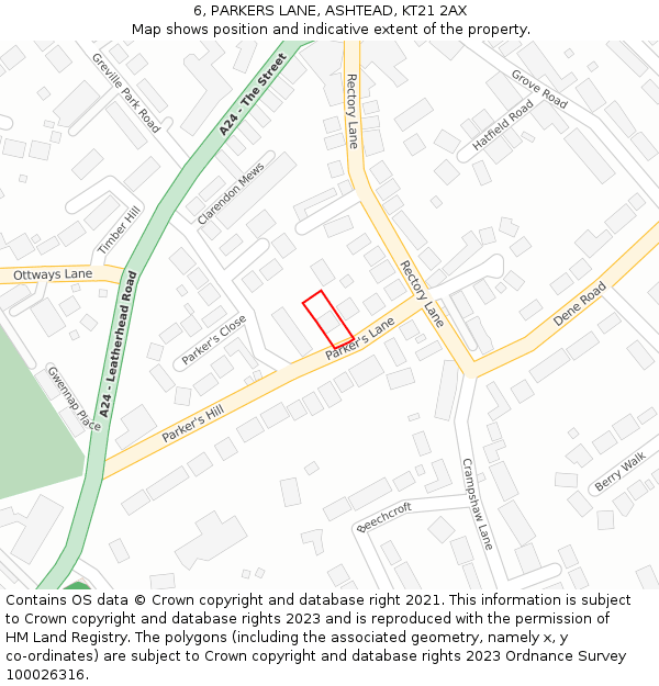 6, PARKERS LANE, ASHTEAD, KT21 2AX: Location map and indicative extent of plot