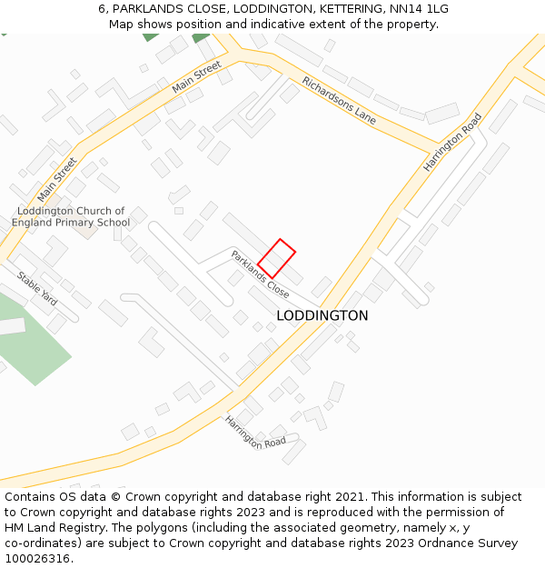 6, PARKLANDS CLOSE, LODDINGTON, KETTERING, NN14 1LG: Location map and indicative extent of plot