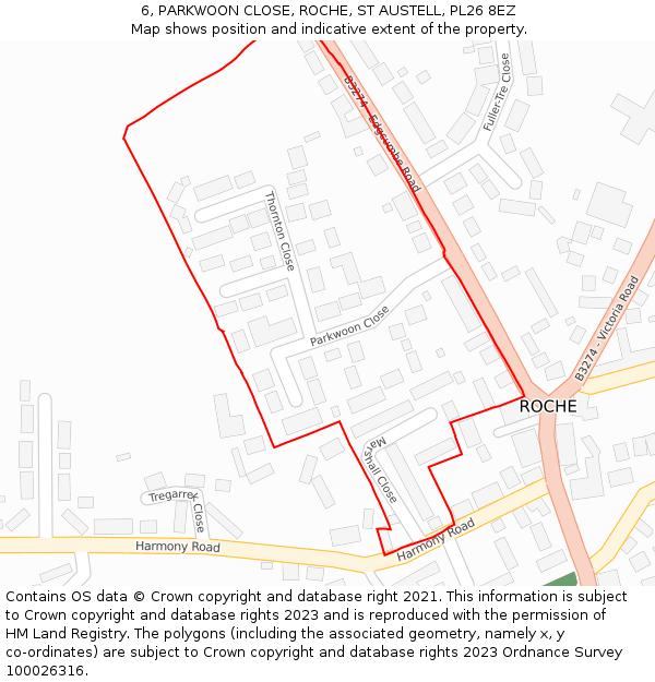 6, PARKWOON CLOSE, ROCHE, ST AUSTELL, PL26 8EZ: Location map and indicative extent of plot