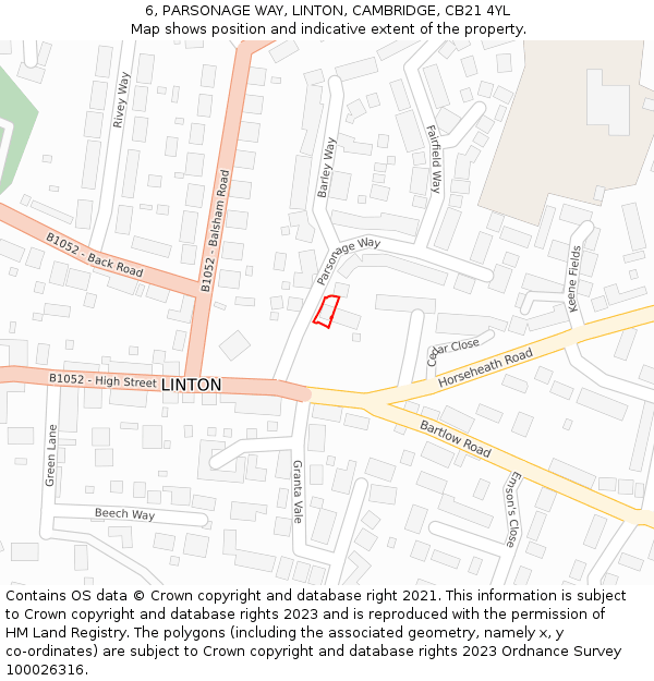 6, PARSONAGE WAY, LINTON, CAMBRIDGE, CB21 4YL: Location map and indicative extent of plot
