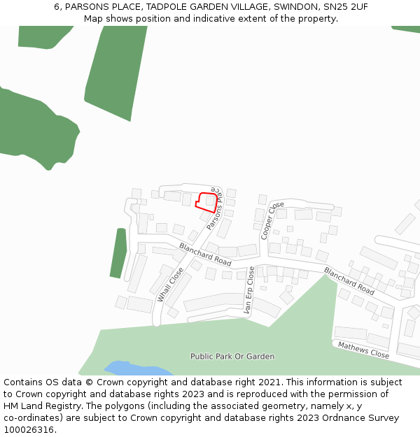 6, PARSONS PLACE, TADPOLE GARDEN VILLAGE, SWINDON, SN25 2UF: Location map and indicative extent of plot