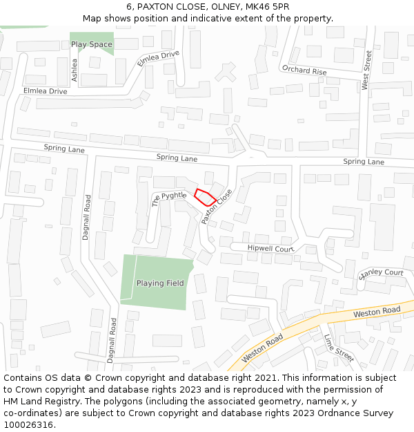 6, PAXTON CLOSE, OLNEY, MK46 5PR: Location map and indicative extent of plot