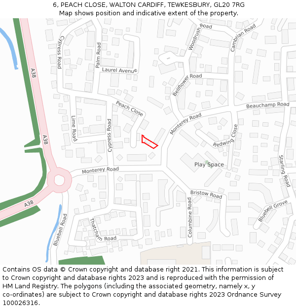 6, PEACH CLOSE, WALTON CARDIFF, TEWKESBURY, GL20 7RG: Location map and indicative extent of plot