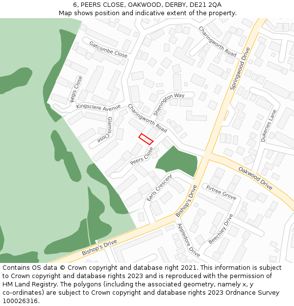 6, PEERS CLOSE, OAKWOOD, DERBY, DE21 2QA: Location map and indicative extent of plot
