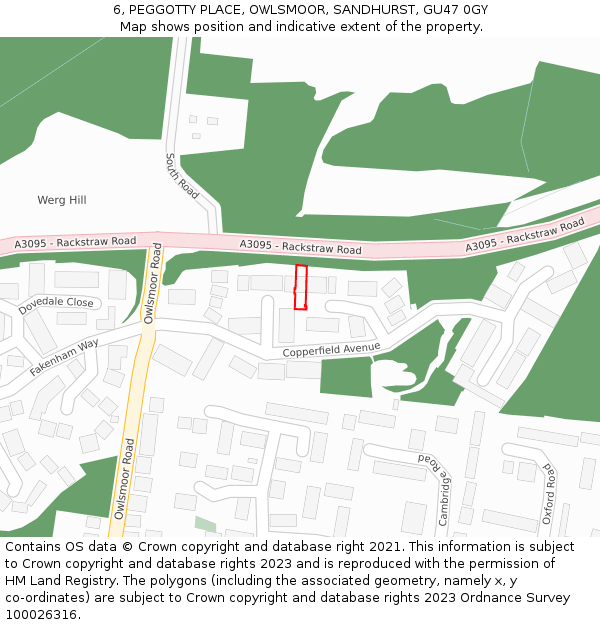 6, PEGGOTTY PLACE, OWLSMOOR, SANDHURST, GU47 0GY: Location map and indicative extent of plot