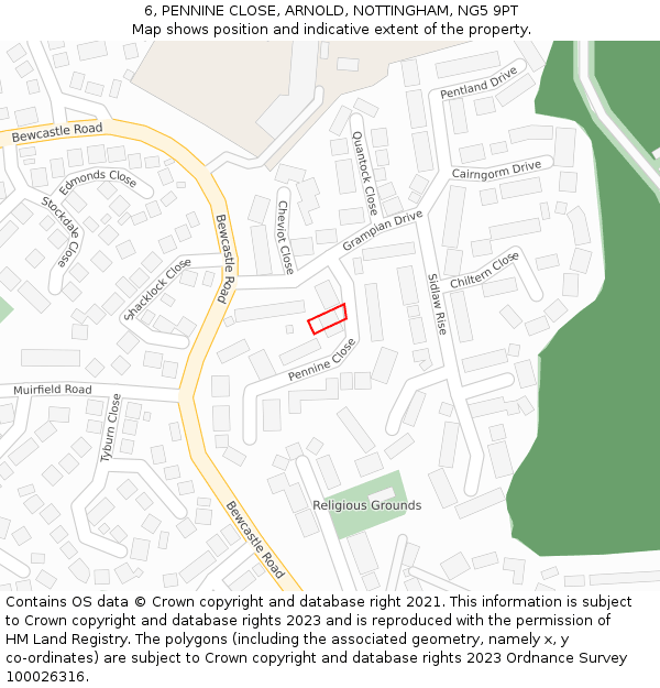 6, PENNINE CLOSE, ARNOLD, NOTTINGHAM, NG5 9PT: Location map and indicative extent of plot