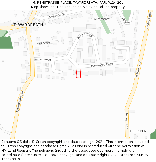 6, PENSTRASSE PLACE, TYWARDREATH, PAR, PL24 2QL: Location map and indicative extent of plot