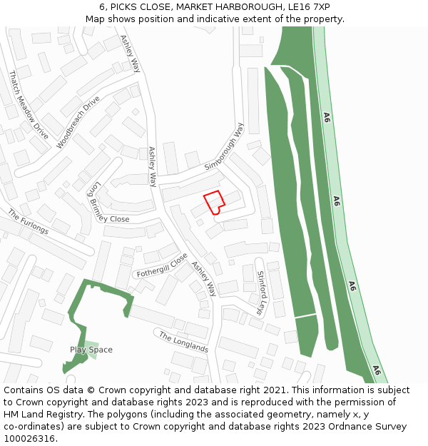 6, PICKS CLOSE, MARKET HARBOROUGH, LE16 7XP: Location map and indicative extent of plot