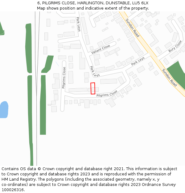 6, PILGRIMS CLOSE, HARLINGTON, DUNSTABLE, LU5 6LX: Location map and indicative extent of plot
