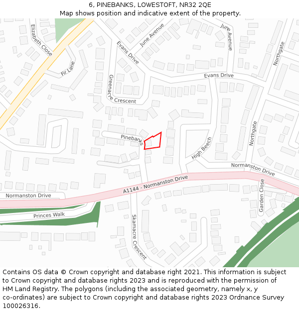 6, PINEBANKS, LOWESTOFT, NR32 2QE: Location map and indicative extent of plot