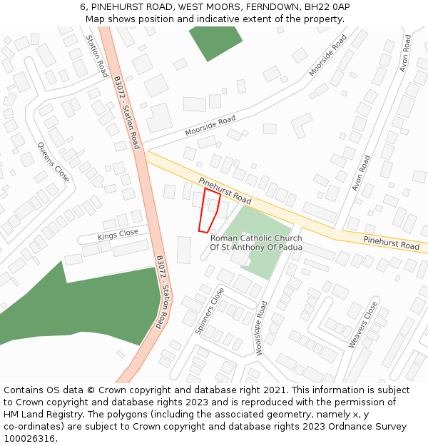 6, PINEHURST ROAD, WEST MOORS, FERNDOWN, BH22 0AP: Location map and indicative extent of plot
