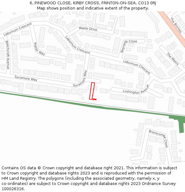 6, PINEWOOD CLOSE, KIRBY CROSS, FRINTON-ON-SEA, CO13 0RJ: Location map and indicative extent of plot