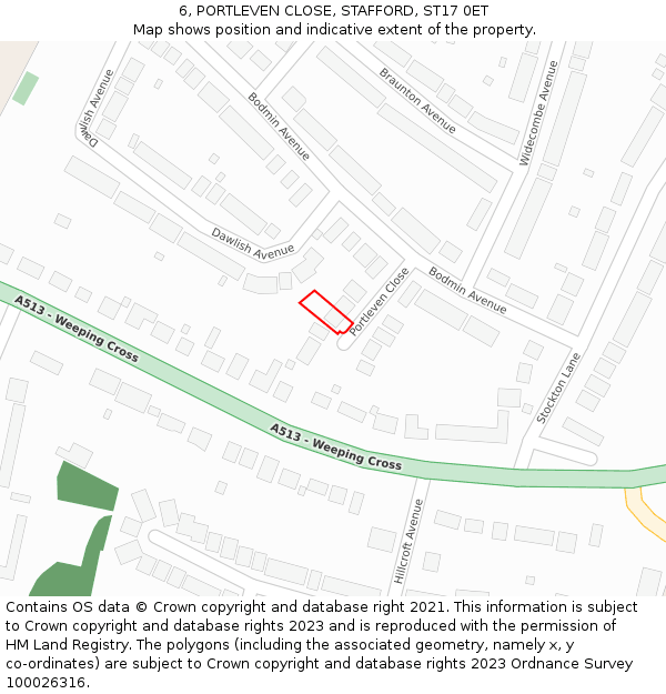 6, PORTLEVEN CLOSE, STAFFORD, ST17 0ET: Location map and indicative extent of plot