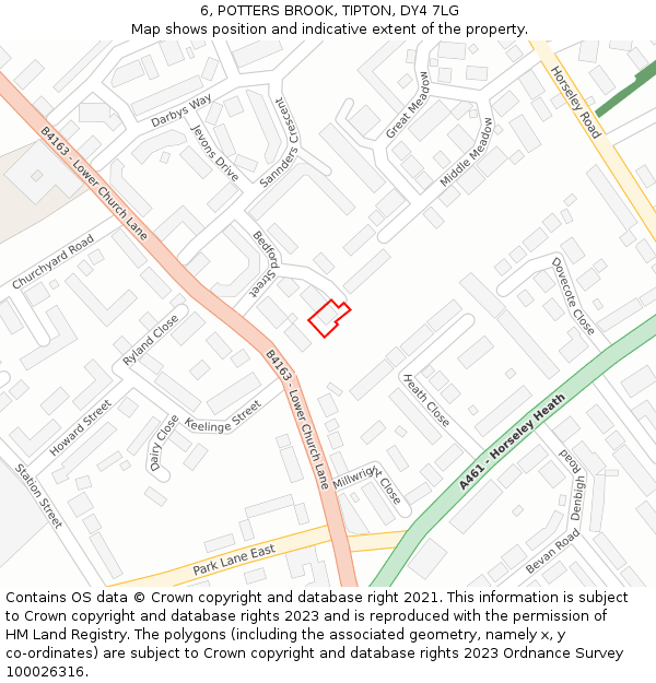 6, POTTERS BROOK, TIPTON, DY4 7LG: Location map and indicative extent of plot