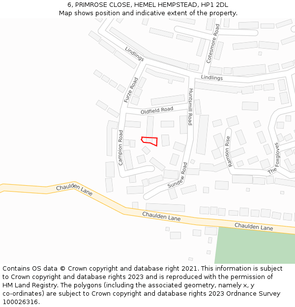 6, PRIMROSE CLOSE, HEMEL HEMPSTEAD, HP1 2DL: Location map and indicative extent of plot