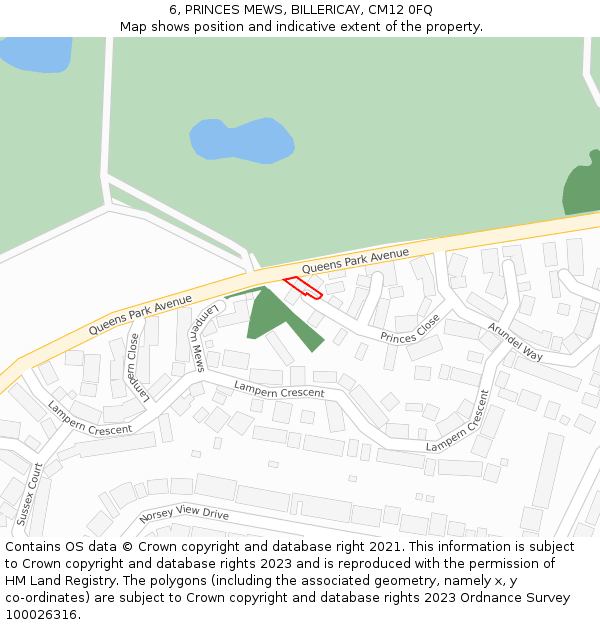 6, PRINCES MEWS, BILLERICAY, CM12 0FQ: Location map and indicative extent of plot