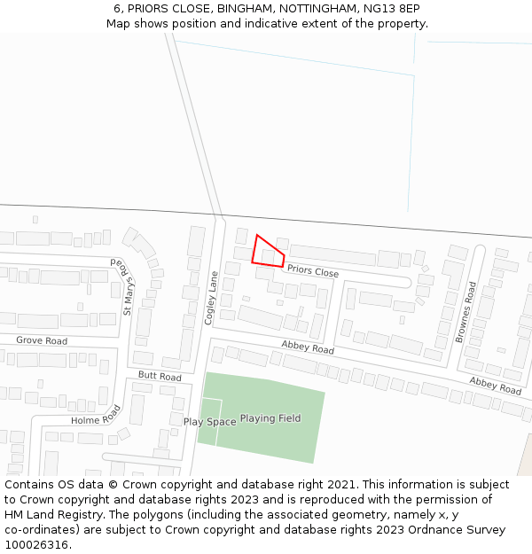 6, PRIORS CLOSE, BINGHAM, NOTTINGHAM, NG13 8EP: Location map and indicative extent of plot