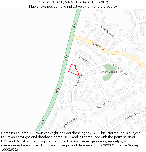 6, PRIORS LANE, MARKET DRAYTON, TF9 3UQ: Location map and indicative extent of plot