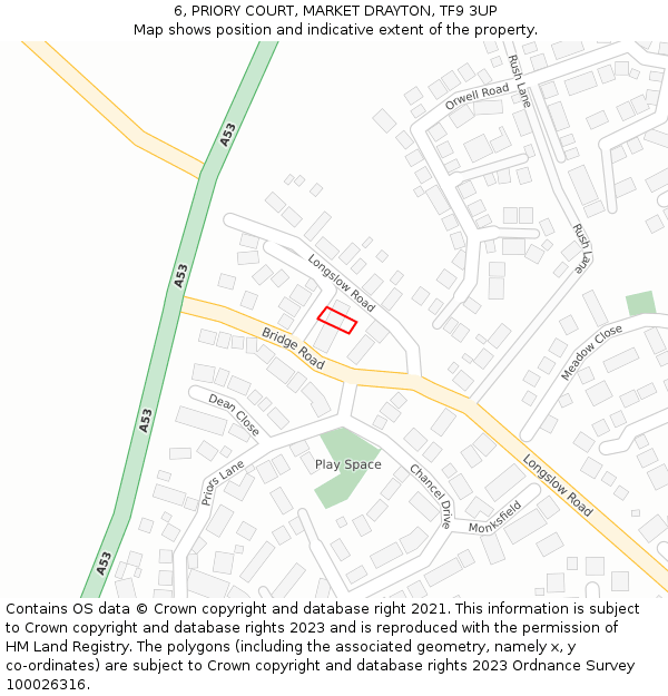6, PRIORY COURT, MARKET DRAYTON, TF9 3UP: Location map and indicative extent of plot