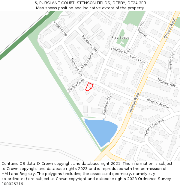 6, PURSLANE COURT, STENSON FIELDS, DERBY, DE24 3FB: Location map and indicative extent of plot