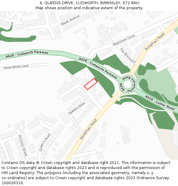 6, QUEENS DRIVE, CUDWORTH, BARNSLEY, S72 8AH: Location map and indicative extent of plot