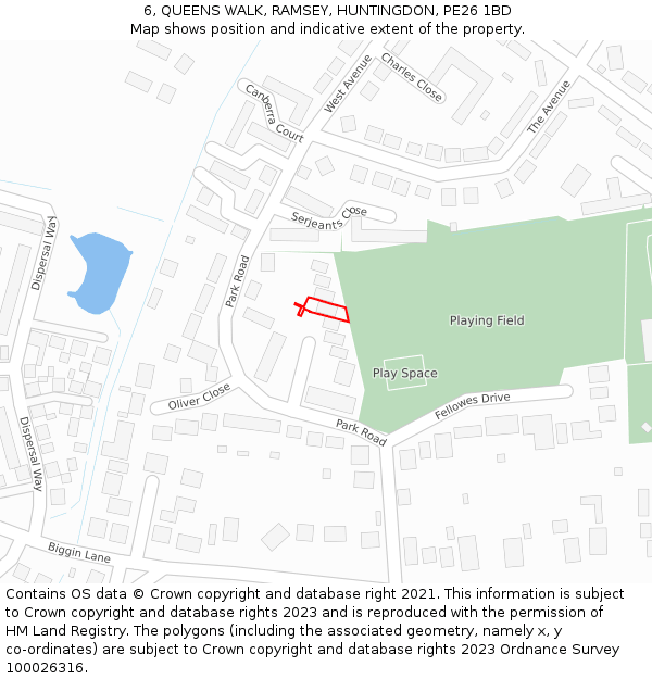 6, QUEENS WALK, RAMSEY, HUNTINGDON, PE26 1BD: Location map and indicative extent of plot