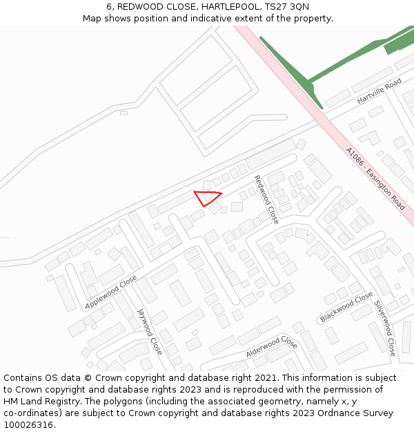6, REDWOOD CLOSE, HARTLEPOOL, TS27 3QN: Location map and indicative extent of plot