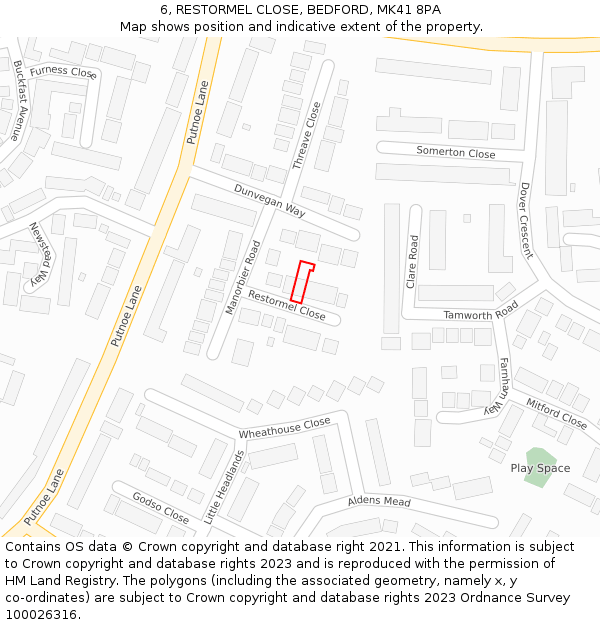 6, RESTORMEL CLOSE, BEDFORD, MK41 8PA: Location map and indicative extent of plot