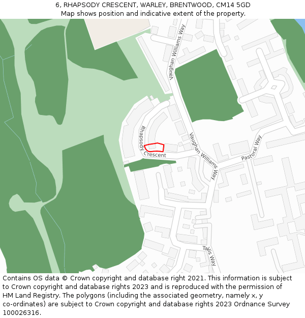 6, RHAPSODY CRESCENT, WARLEY, BRENTWOOD, CM14 5GD: Location map and indicative extent of plot