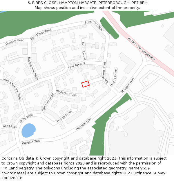 6, RIBES CLOSE, HAMPTON HARGATE, PETERBOROUGH, PE7 8EH: Location map and indicative extent of plot