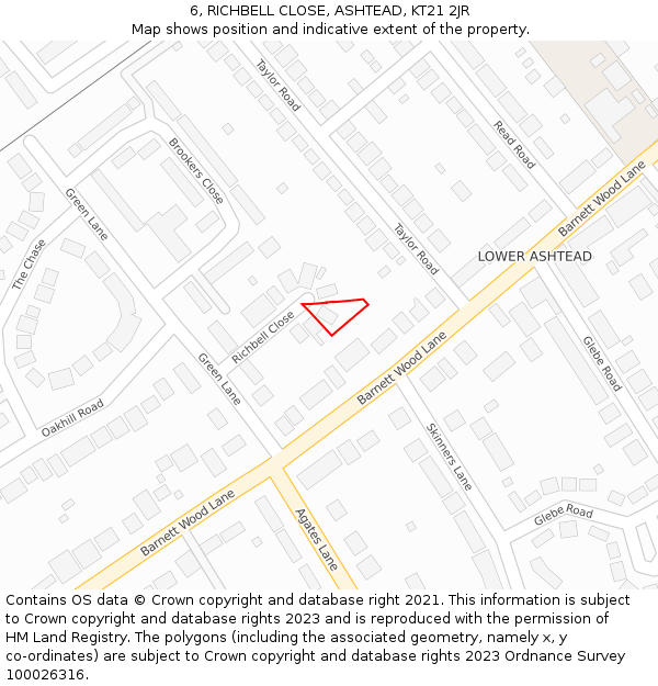 6, RICHBELL CLOSE, ASHTEAD, KT21 2JR: Location map and indicative extent of plot
