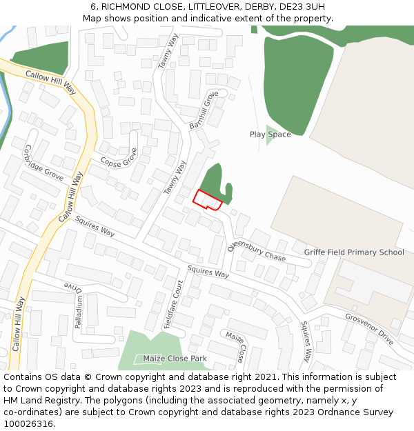 6, RICHMOND CLOSE, LITTLEOVER, DERBY, DE23 3UH: Location map and indicative extent of plot