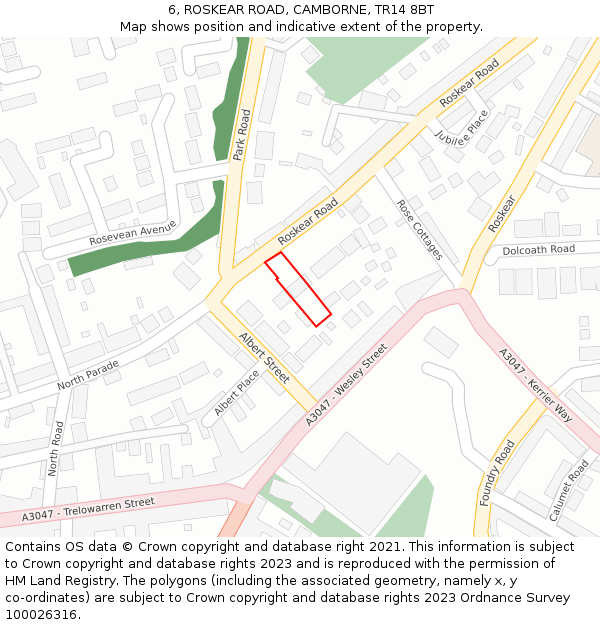 6, ROSKEAR ROAD, CAMBORNE, TR14 8BT: Location map and indicative extent of plot