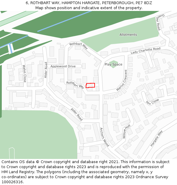 6, ROTHBART WAY, HAMPTON HARGATE, PETERBOROUGH, PE7 8DZ: Location map and indicative extent of plot