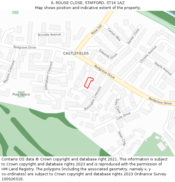 6, ROUSE CLOSE, STAFFORD, ST16 1AZ: Location map and indicative extent of plot