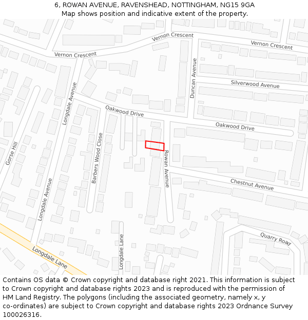 6, ROWAN AVENUE, RAVENSHEAD, NOTTINGHAM, NG15 9GA: Location map and indicative extent of plot