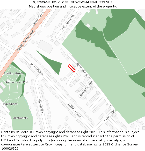 6, ROWANBURN CLOSE, STOKE-ON-TRENT, ST3 5US: Location map and indicative extent of plot