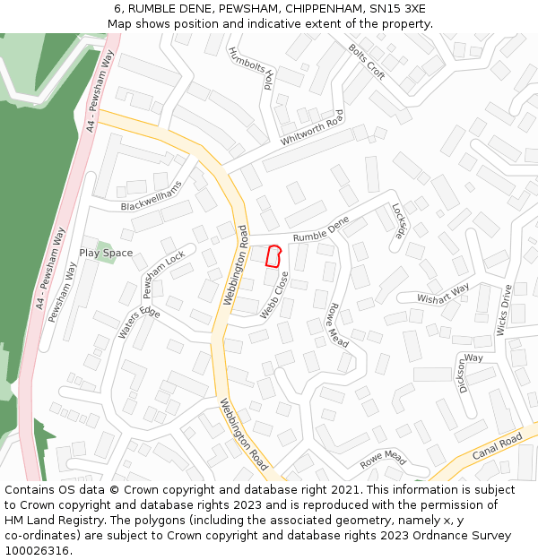 6, RUMBLE DENE, PEWSHAM, CHIPPENHAM, SN15 3XE: Location map and indicative extent of plot
