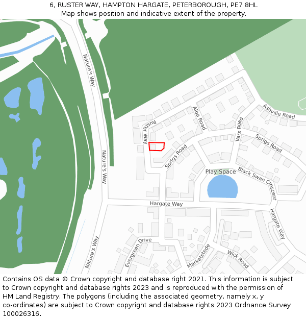 6, RUSTER WAY, HAMPTON HARGATE, PETERBOROUGH, PE7 8HL: Location map and indicative extent of plot