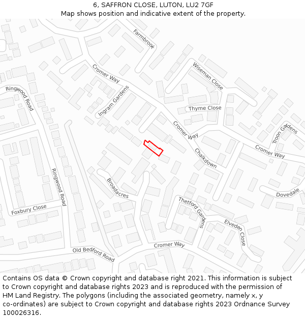 6, SAFFRON CLOSE, LUTON, LU2 7GF: Location map and indicative extent of plot