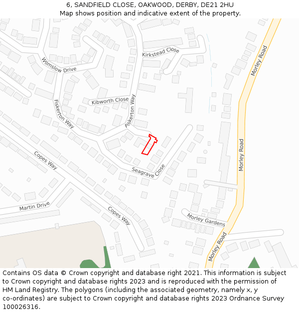 6, SANDFIELD CLOSE, OAKWOOD, DERBY, DE21 2HU: Location map and indicative extent of plot