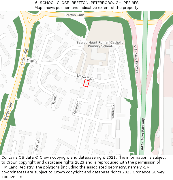 6, SCHOOL CLOSE, BRETTON, PETERBOROUGH, PE3 9FS: Location map and indicative extent of plot