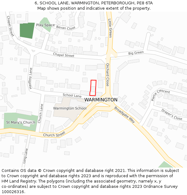 6, SCHOOL LANE, WARMINGTON, PETERBOROUGH, PE8 6TA: Location map and indicative extent of plot