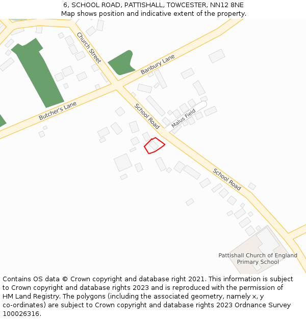 6, SCHOOL ROAD, PATTISHALL, TOWCESTER, NN12 8NE: Location map and indicative extent of plot