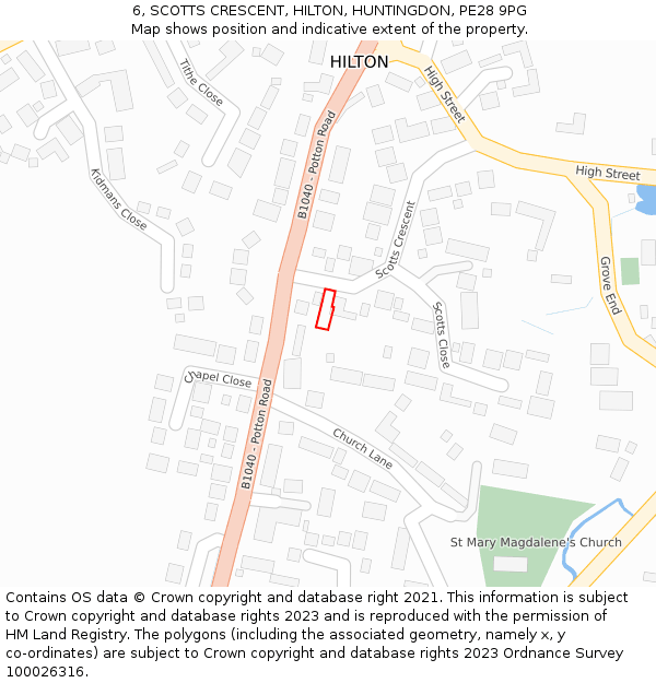 6, SCOTTS CRESCENT, HILTON, HUNTINGDON, PE28 9PG: Location map and indicative extent of plot