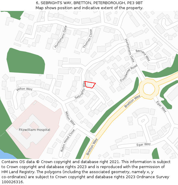 6, SEBRIGHTS WAY, BRETTON, PETERBOROUGH, PE3 9BT: Location map and indicative extent of plot