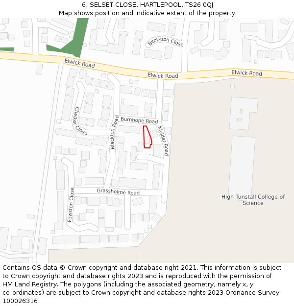 6, SELSET CLOSE, HARTLEPOOL, TS26 0QJ: Location map and indicative extent of plot